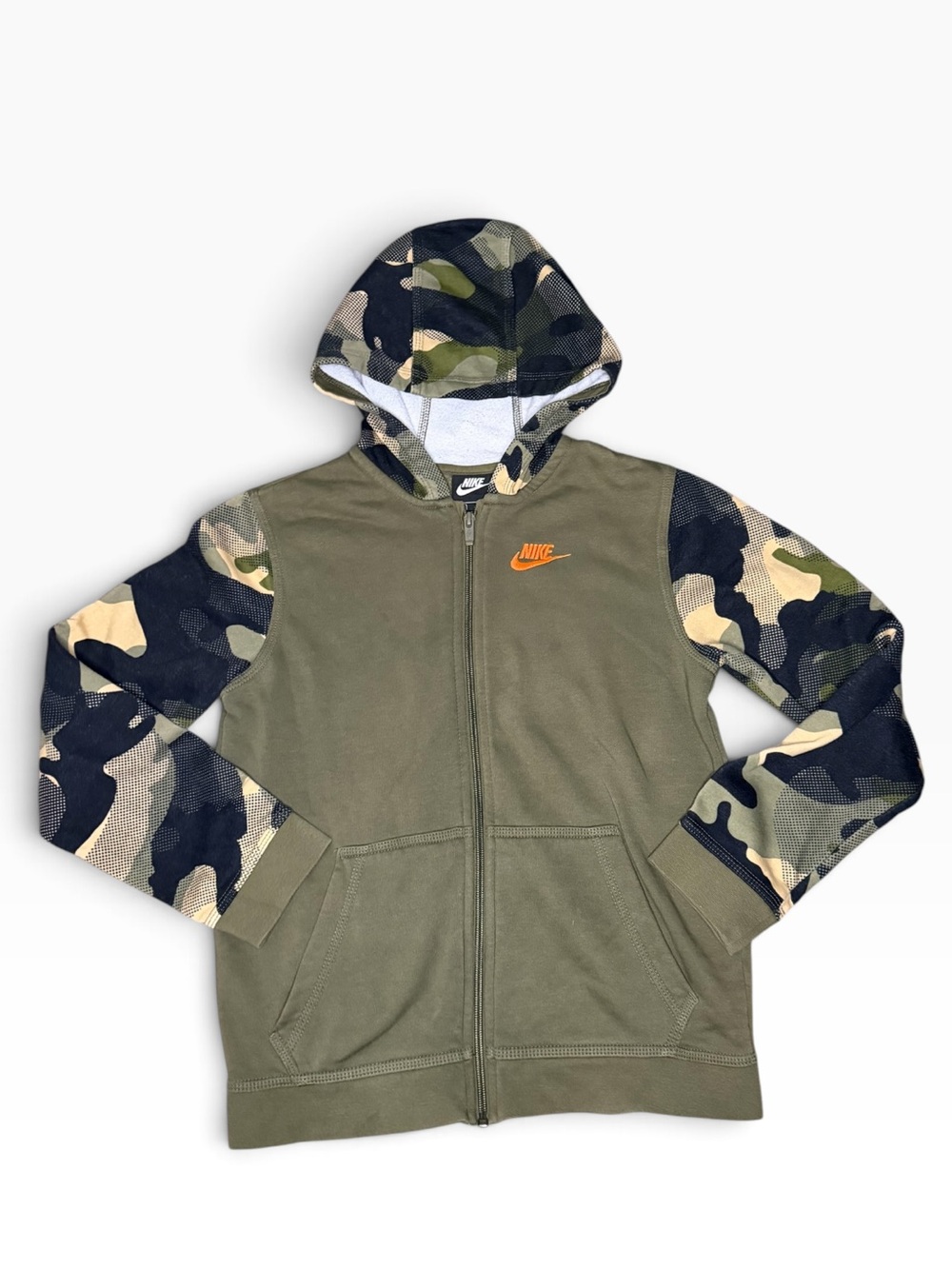 Nike Kids Olive & Camo Zip Hoodie with Orange Logo-Boys Large